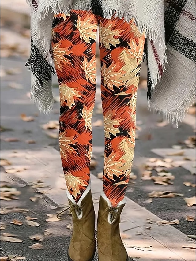  Damskie Getry Urlop Zabytkowe Moda Pełna długość Wysoka talia Kwiaty Graficzny Kształt listka Drukowanie Keep Warm Miękka Oddychający Elastyczny Urlop Ulica Czarny Pomarańczowy Brązowy Wiosna Jesie