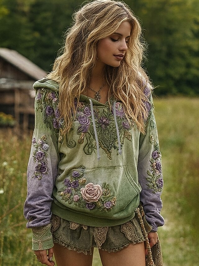 Women's Pullover Hoodie Sweatshirt Floral Graphic Punk Active Vintage Long Sleeve Hooded Regular Tops Street Dailywear Casual Print Front Pocket Green Spring Fall Winter2