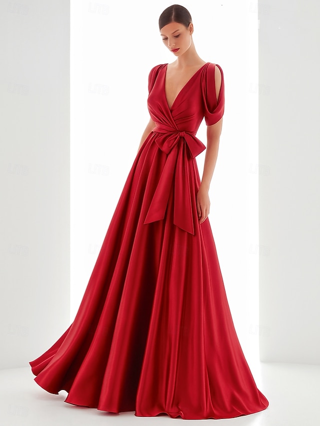  Linha A Vestidos de noite Elegante Traje formal Formal Casamento Longo Manga Longa Decote V Cetim com Laço(s) Pregas 2025