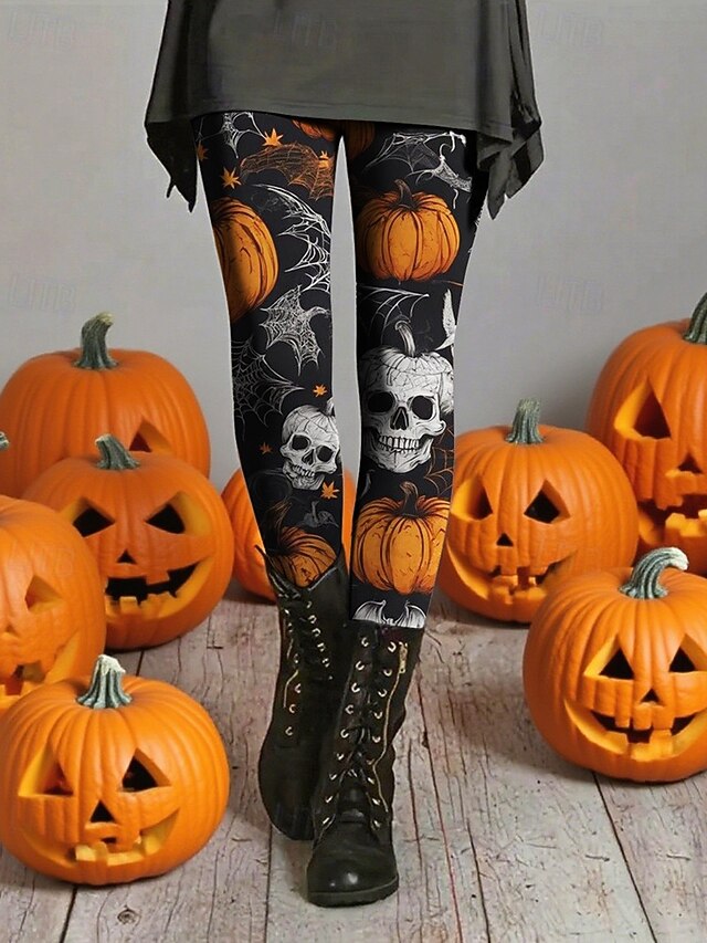 Women's Leggings Cozy Leggings Vacation Vintage Ethnic Style Full Length High WaistPantsHalloween Skull Pumpkin Printing Thermal Warm Comfortable Stretchy Vacation Casual Daily Black Fall Winter Slim4