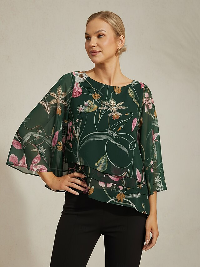 Women's Blouse Sheer Chiffon Green Floral Print Half Sleeve Layered Hem Round Neck Pullover4