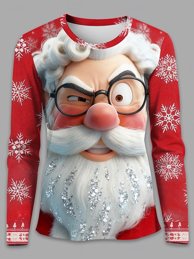 Christmas Women's T Shirt Santa Claus Snowflake Vintage Stylish Classic Long Sleeve Crew Neck Regular Tops Weekend Print White Red off-white Winter4