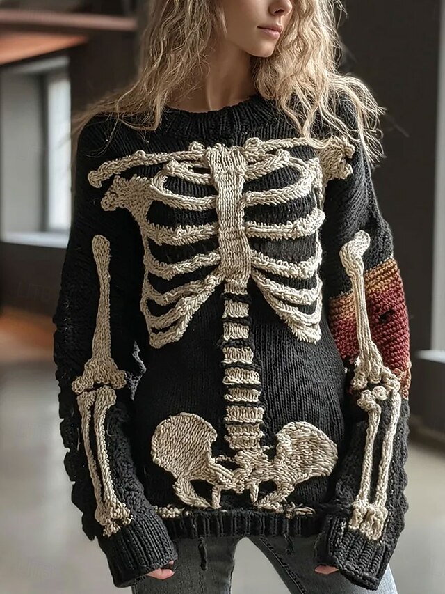 Halloween Women's Sweater Skeleton  Cute Streetwear Casual Graphic Skeleton Crew Neck Patchwork Knitted Long Sleeve Regular Tops KnitBlack Fall Winter4