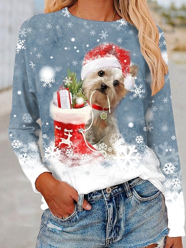  Noël Femmes T-shirt Graphique Chien Noël ancien Mode Élégant manche longue Col ras du cou Col rond Hauts Réguliers Quotidien Week-end Imprimé Bleu Violet Fuchsia Vert Kaki Automne Hiver