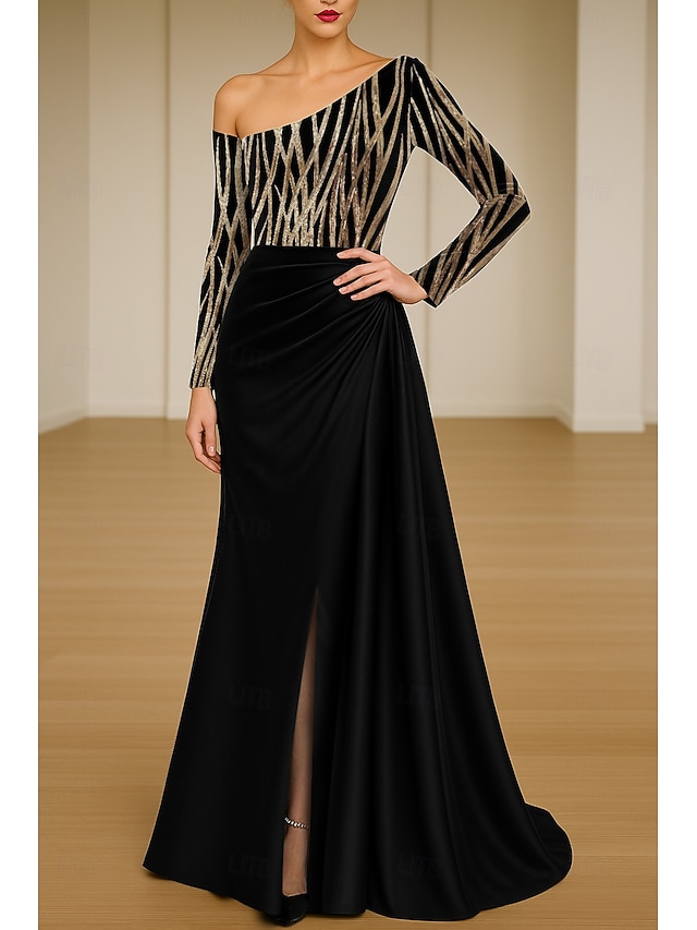  Linha A Vestidos de noite Elegante Traje formal Formal Casamento Cauda Escova Manga Longa Assimétrico Cetim com Pregas Franzido 2025