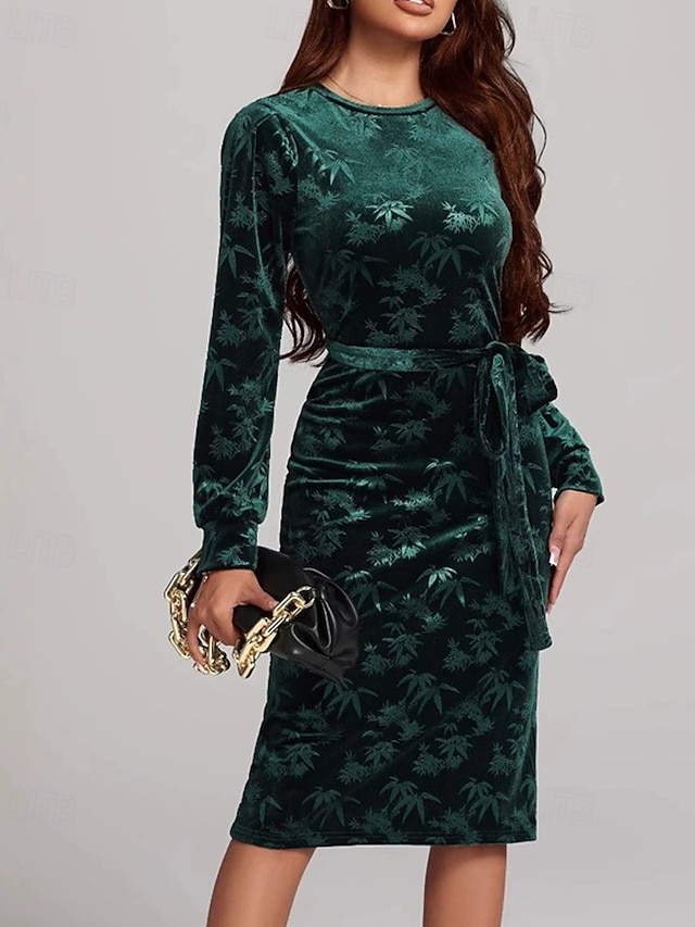  Damen Midikleid Samtkleid Cocktailkleid Elegant Mode Modern Outdoor Party Party-Abendmode Normale Passform Einfach Langarm Rundhalsausschnitt Grün Frühling Herbst