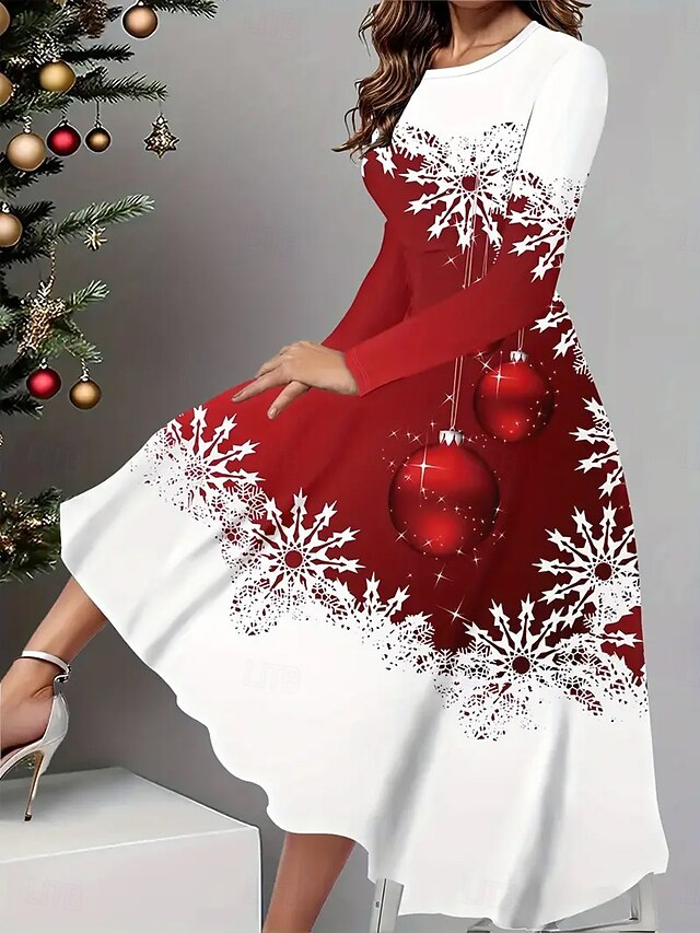 Christmas Women's Midi Dress A Line Dress Fit And Flare Dress Vacation Casual Boho Party Daily Going out Regular Fit Graphic Snowflake Long Sleeve Crew Neck Red Summer Spring Fall Winter4