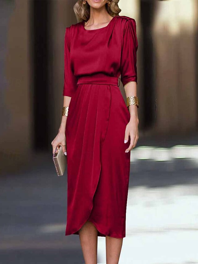 Women's Midi Dress Cocktail Dress Satin Dress Formal Dress Elegant Dress Elegant Fashion Modern Outdoor Office Regular Fit Plain Long Sleeve Crew Neck Wine Green Fall Winter4