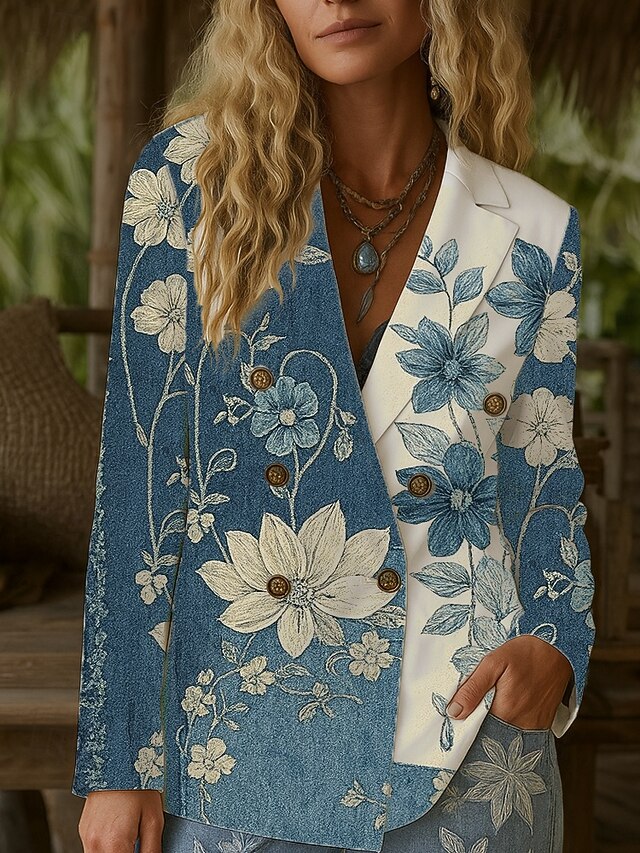 Women's Blazer Warm Comfortable Buttons Vintage Fashion Classic Modern Floral Vacation Home Casual Daily Double Breasted Regular Notch Lapel Regular Fit Long Sleeve Outerwear Blue Purple Green Spring4