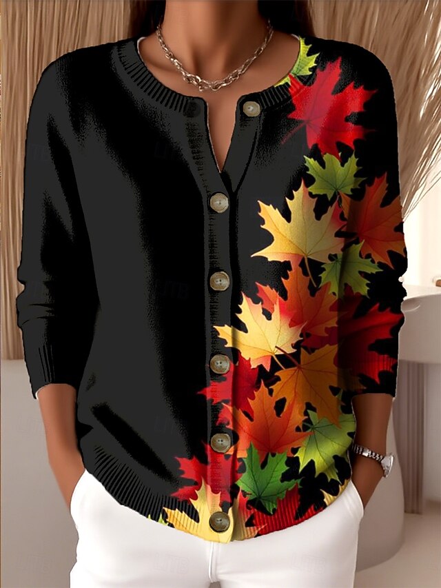 Women's Cardigan Fashion Daily Casual Floral Ribbed Crew Neck Buttons Print Long Sleeve Regular Tops Knit Outdoor Daily Date Red Fall Winter4