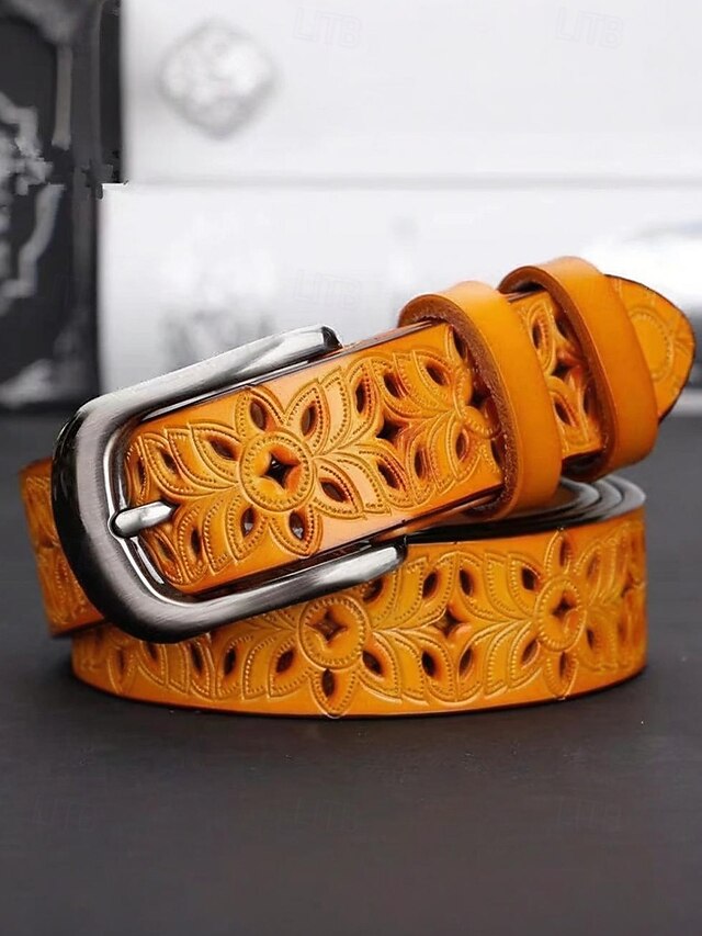  Ceinture en cuir véritable pour femme – motif floral vintage sculpté avec boucle en métal, accessoire de taille rétro pour jeans, robes et tenues décontractées