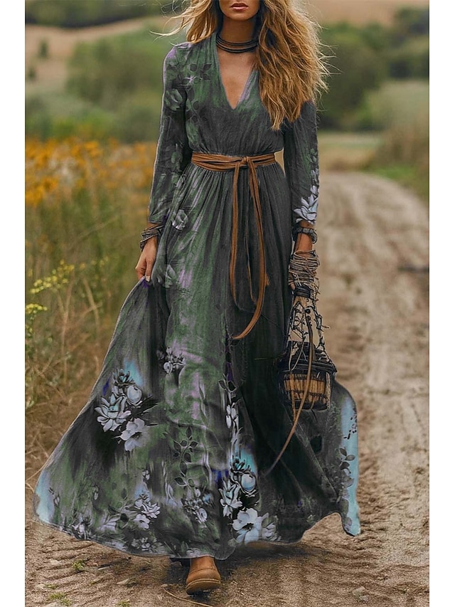  Dames Maxi-jurk A lijn jurk Geplooide jurk Fit And Flare-jurk Boho Afspraakje Uitgaan Normale pasvorm Bloemig Grafisch Tribal Lange mouw V-hals Paars Groen Lente Herfst Winter