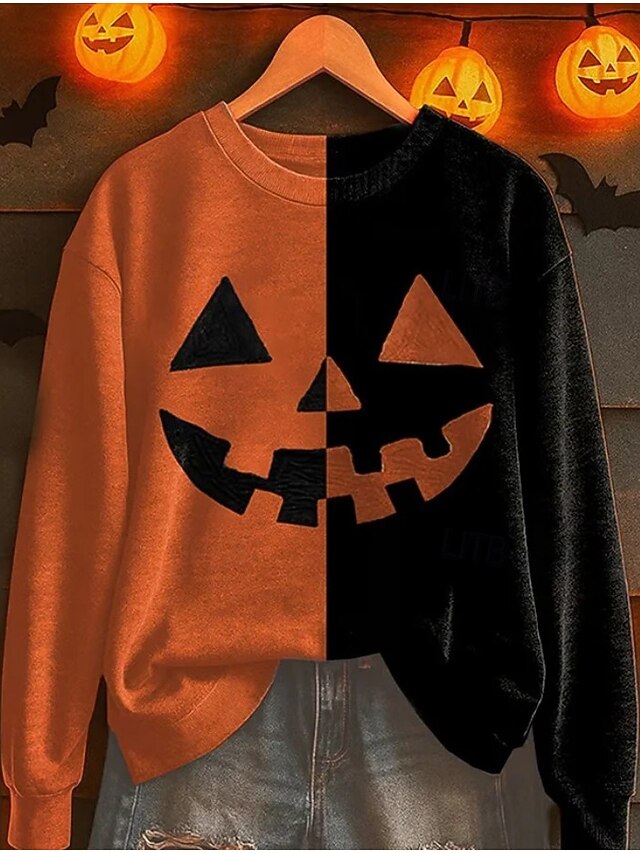 Women's Pullover Sweatshirt Graphic Skull Halloween Fashion Casual Long Sleeve Crew Neck Regular Tops Street Dailywear Casual Print Orange Fall Winter2
