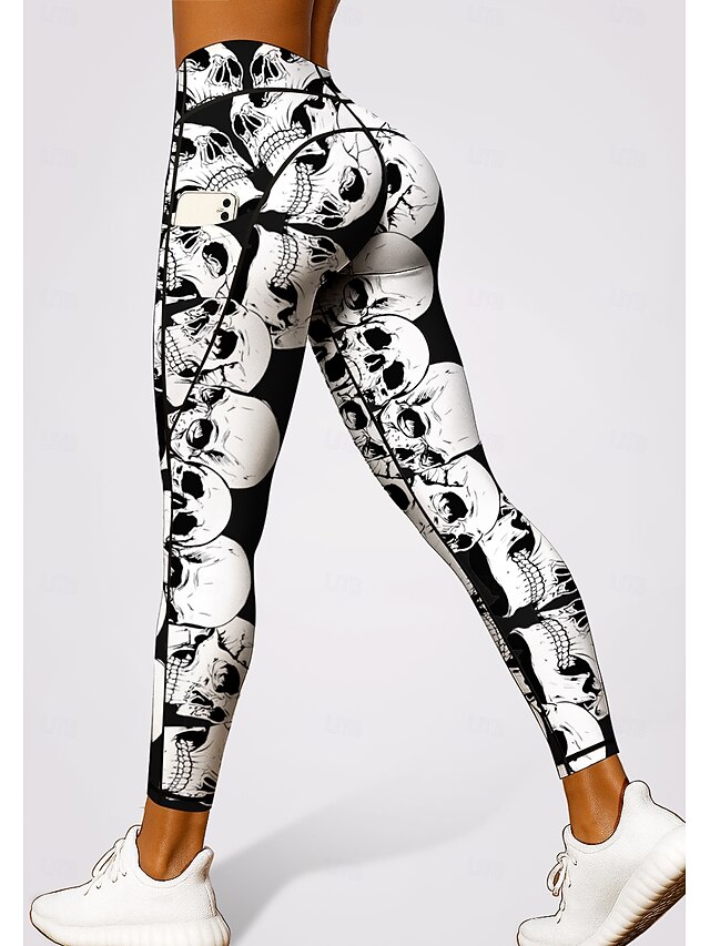 Women's Unisex pilates leggings fitness pants Gym Leggings Pockets Stamp Duty Side Pockets Pilates Gym Gym Workout Pants Tights Leggings Skull Halloween Black-White Sports Activewear Stretchy Tight4
