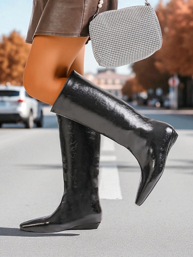  Bottes hautes en similicuir marron pour femme - Bottes plates brillantes de style mod pour le streetwear d'automne et le quotidien