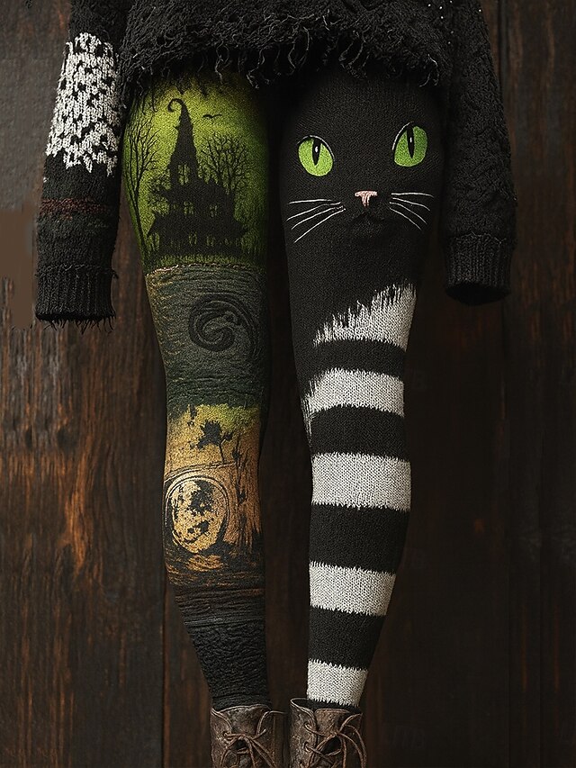 Women's Leggings Vacation Vintage Ethnic Style Full Length High WaistPantsHalloween Graphic Animal Cat 3D Print Asymmetric Quick Dry Breathability Soft Stretchy Formal Outdoor Vacation Purple Green4