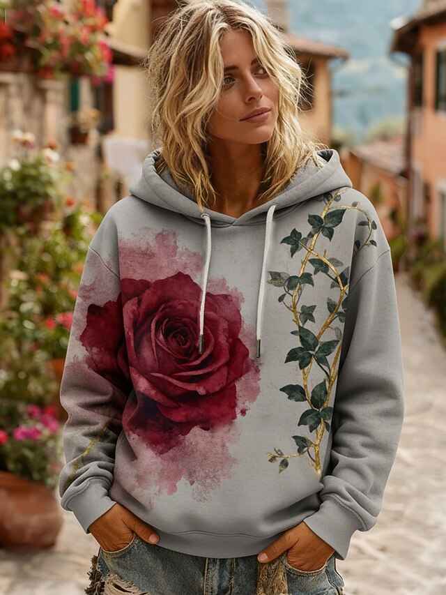 Women's Pullover Hoodies Floral Fashion Streetwear Casual Long Sleeve Hooded Regular Tops Dailywear Casual Drawstring Print Green Gray Spring Fall3