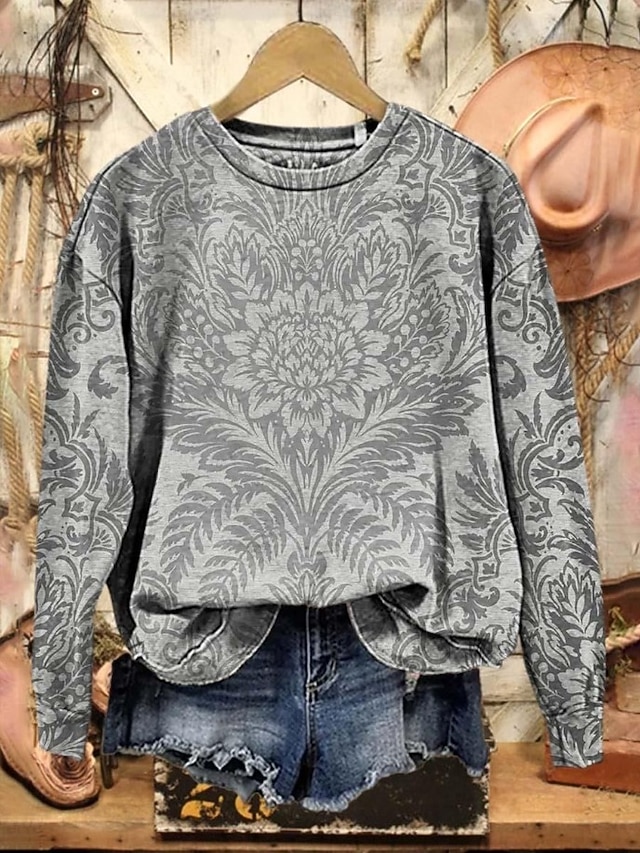  Per donna Felpa Pullover Floreale Grafico Moda Casual Manica Lunga Girocollo Top Regolari Streetwear Abbigliamento Quotidiano Casuale Stampato Blu Viola Grigio scuro Grigio Autunno Inverno