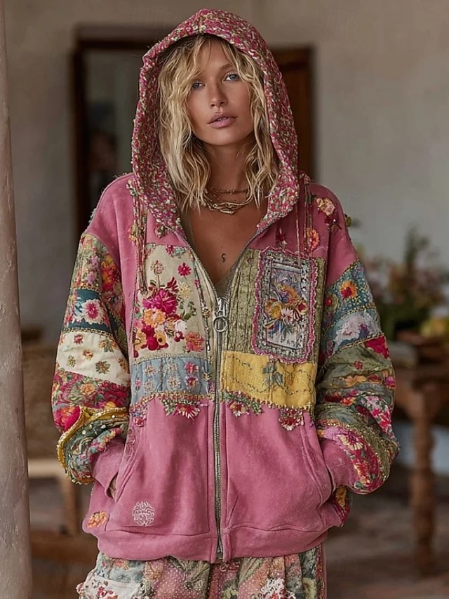  Dame 3D Print Vintage Boho Hoodie Patchwork Hoodie Sweatshirt Floral Zip Up s Floral Punk Aktiv Vintage Langermet Hettegenser Vanlige Tops Hjem Hverdagsbruk Casual Rosa Rød Beige Høst Vinter