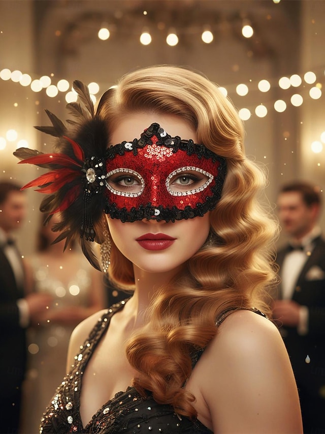  Damemaske med fjær og paljetter i burgunder med strass, gotisk venetiansk stil, kostymetilbehør til halloween-fester og maskeradeball