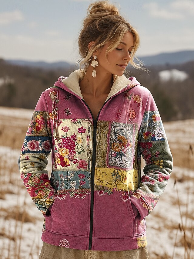 Women's Winter Coat Sherpa Jacket Warm Lightweight Patchwork Print Fleece Lined Elegant Vintage Casual Boho Vintage Floral Vacation Home Casual Daily Regular Hooded Regular Fit Long Sleeve Outerwear3