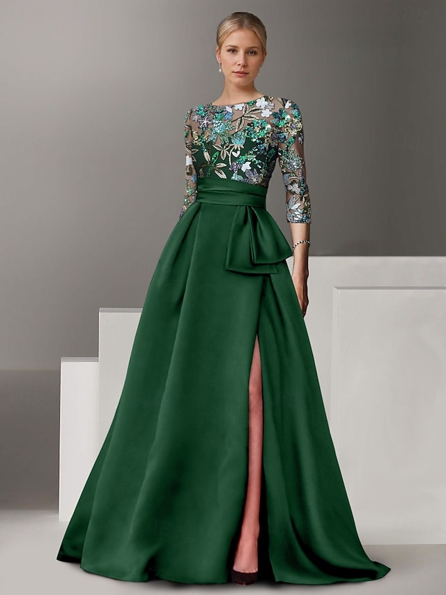  Abito da Sera A-Line Ricamato Floreale Elegante Formale Matrimonio Lungo Fino al Pavimento Mezza Manica Collo a Camicia di Satin con Fiocco(e) Spacco
