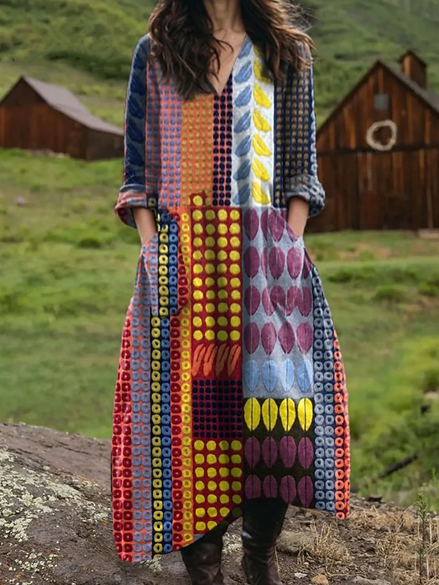  Dam Maxiklänning Solklänning A linjeklänning Semester Ledigt Boho Födelsedag Dagligen Helgdag Lös passning Blommig Grafisk Geometrisk Långärmad V-hals Svart Blå Orange Vår Höst