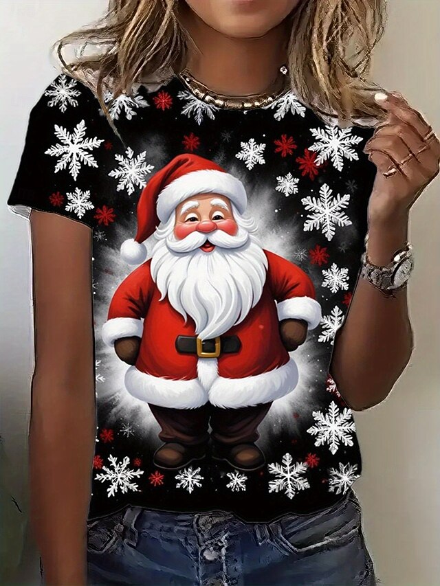 Christmas Women's T Shirt Graphic Santa Claus Vintage Stylish Classic Short Sleeve Crew Neck Regular Tops Daily Print Black Summer Spring Winter4