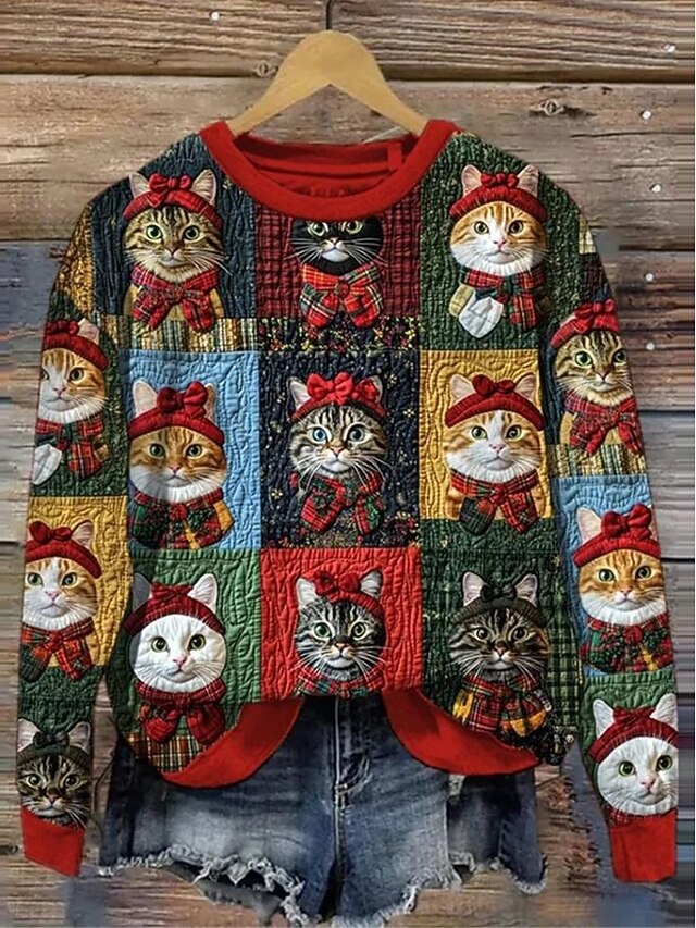 Women's Pullover Sweatshirt Cat Christmas Active Vintage Casual Long Sleeve Crew Neck Regular Tops Street Dailywear Casual Print Yellow Red Fall Winter3