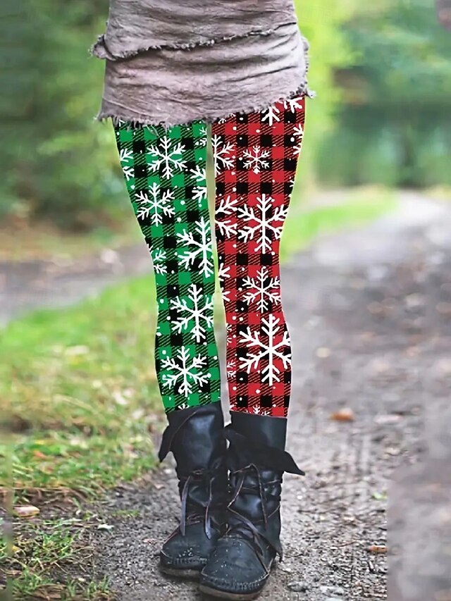 Women's Chinos Leggings Cozy Leggings Vacation Casual Full Length High WaistPantsUgly Christmas Plaid Snowflake Printing Thermal Warm Comfortable Stretchy Vacation Casual Daily Green Spring Fall4
