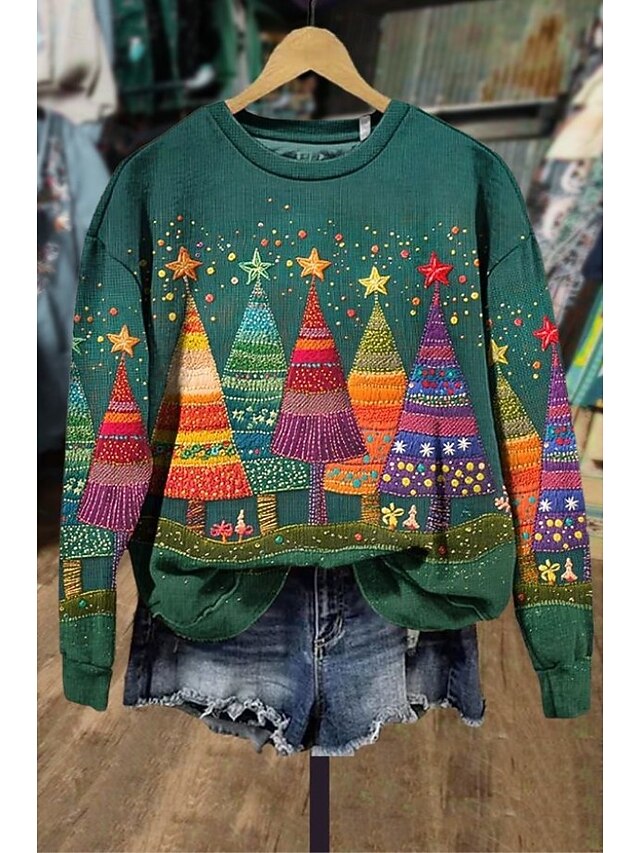 Women's Pullover Sweatshirt Christmas Tree Christmas Casual Long Sleeve Crew Neck Regular Tops Street Dailywear Casual Blue Dark Green Green Fall Winter4