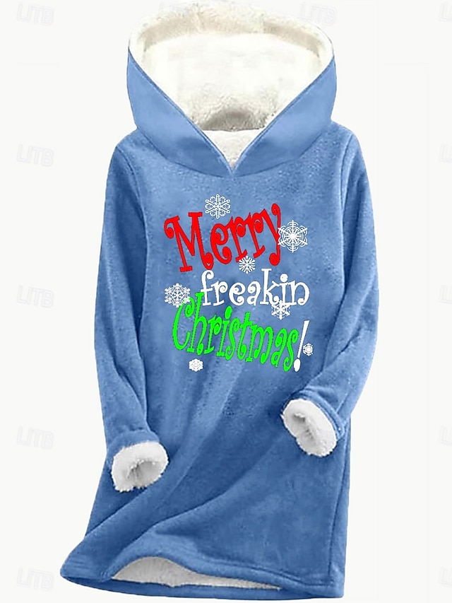 Felpa con cappuccio donna di Natale Pullover Fiocco di Neve Maglietta Lettera Casual Manica Lunga Cappuccio Top Regolari Strada Abbigliamento Giornaliero Stampa Rosa Blu Grigio Autunno Inverno