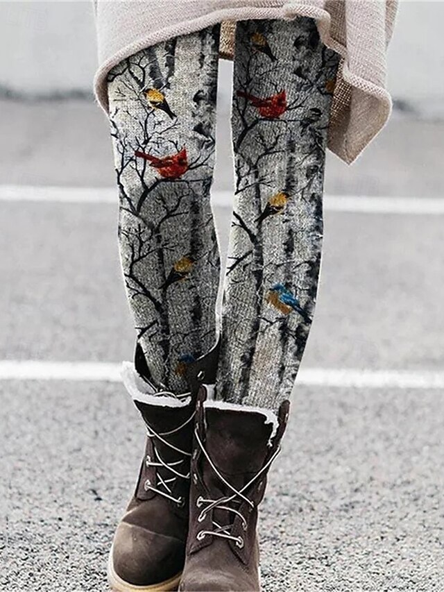 Women's Pants Trousers Leggings Cozy Leggings Streetwear Casual Full Length High Waist Bird Elastic Waist Print Breathability Comfortable Stretchy Vacation Street Daily Wear Gray Spring Fall Regular4