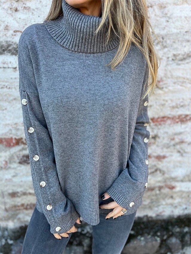 Women's Sweater Fashion Streetwear Casual Pure Color Ribbed Turtleneck Knitted Long Sleeve Regular Tops Knit Outdoor Daily Weekend Dark Gray Fall Winter4