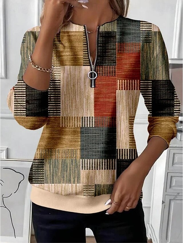 Women's Pullover Sweatshirt Zip Up Sweatshirts Floral Graphic Geometric Fashion Casual Long Sleeve Crew Neck Regular Tops Street Dailywear Patchwork Zipper Print Wine Green Khaki Fall Winter4