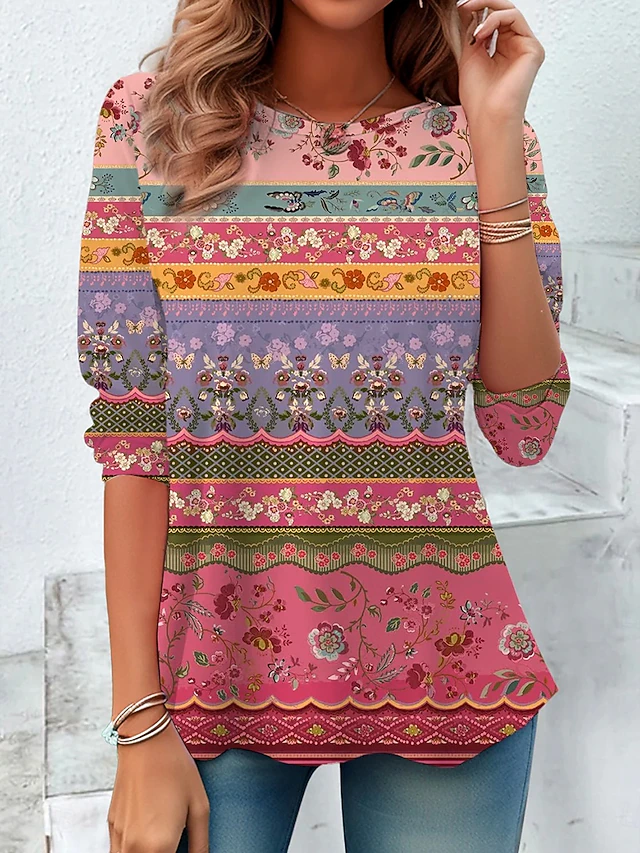 Women's T Shirt Floral Graphic Striped Vintage Stylish Classic Long Sleeve Crew Neck Round Neck Regular Tops Daily Print Pink Spring Fall Winter4