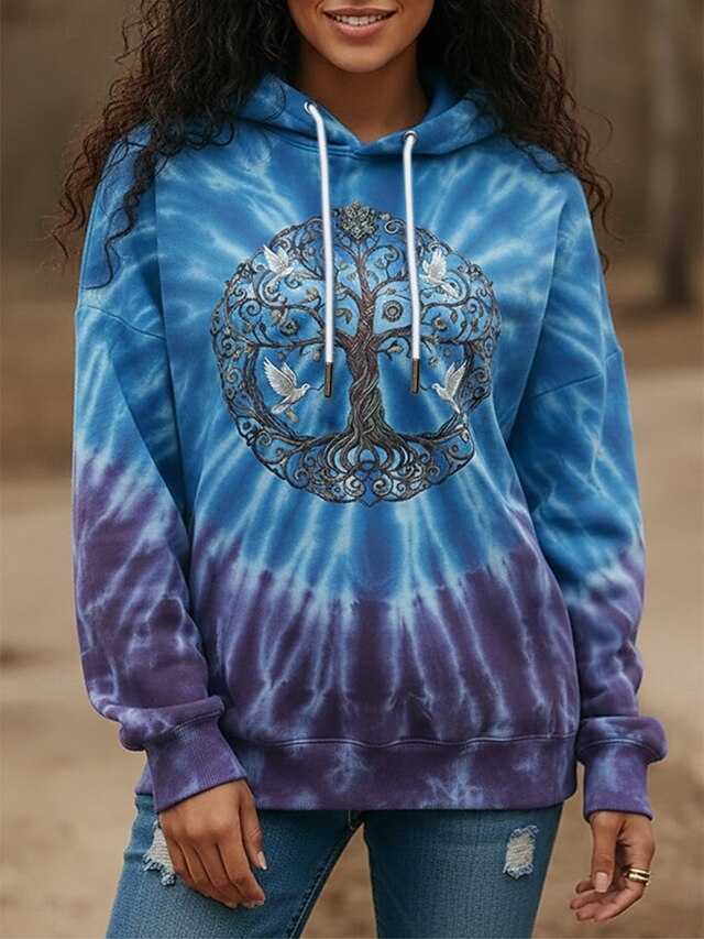 Women's Pullover Hoodies Floral Tie Dye Fashion Streetwear Casual Long Sleeve Hooded Regular Tops Dailywear Casual Drawstring Print Blue Spring Fall4