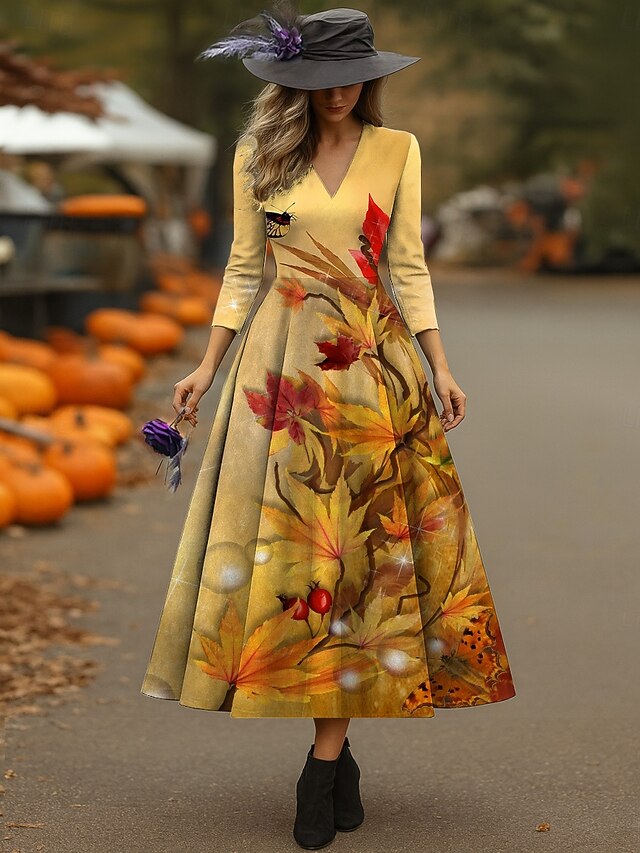 Halloween Women's Midi Dress A Line Dress Vacation Casual Wedding Party Birthday Regular Fit Floral Graphic Rose 3/4 Length Sleeve V Neck Yellow Rusty Red Purple Spring Fall4