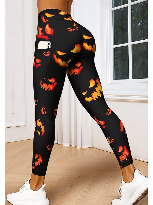 Women's Unisex pilates leggings fitness pants Gym Leggings Pockets Stamp Duty Side Pockets Pilates Gym Gym Workout Pants Tights Leggings Halloween Black / Orange Sports Activewear High Elasticity4