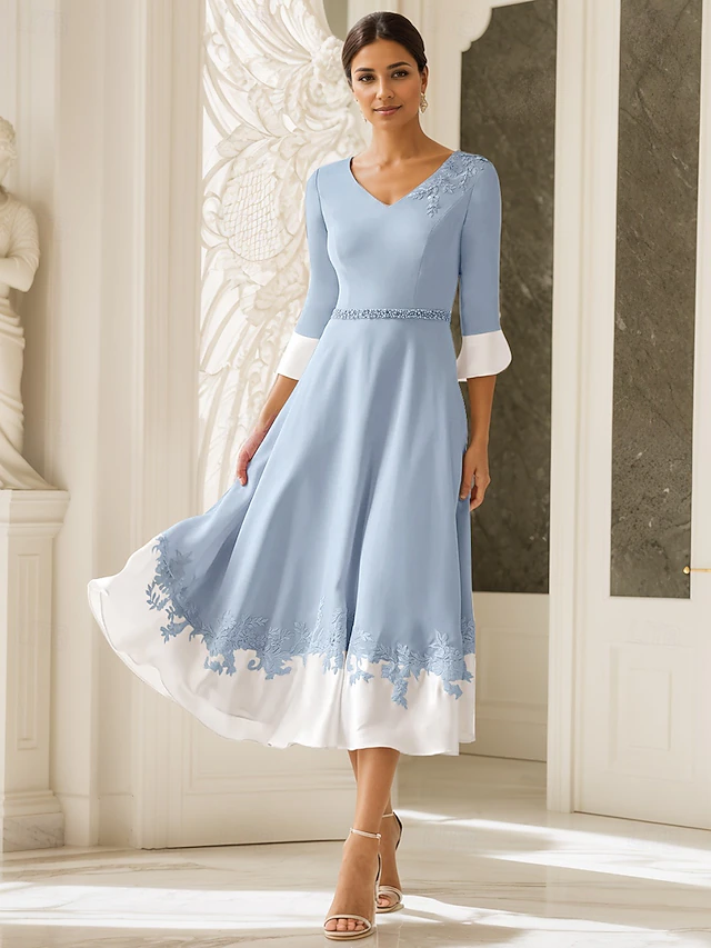 Beach Wedding A-Line Mother of the Bride Dress Wedding Guest Church Elegant V Neck Tea Length Stretch Fabric Half Sleeve with Appliques 5