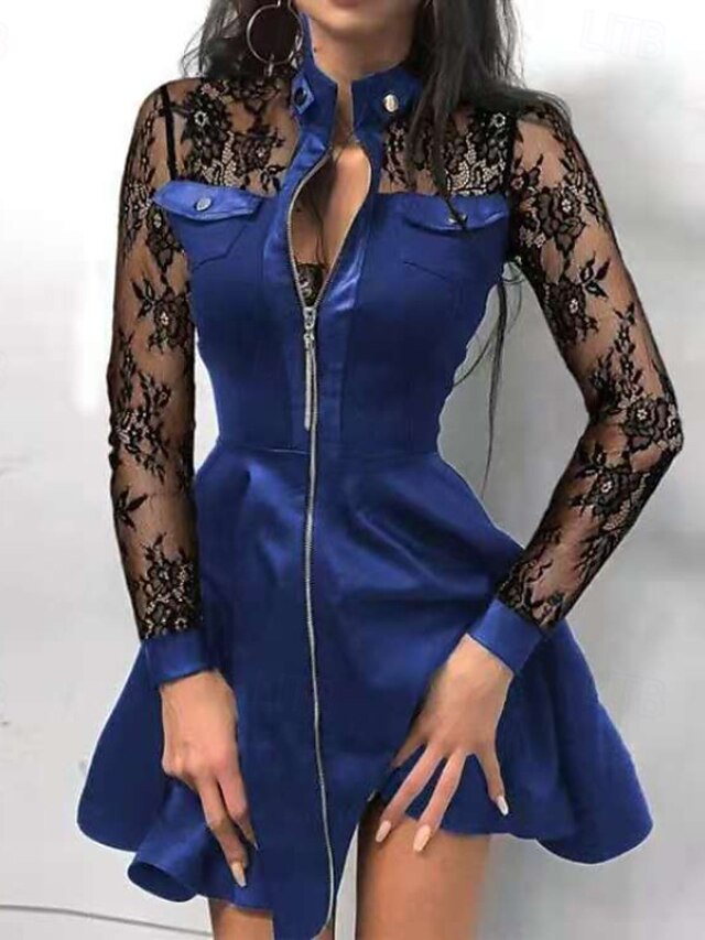 Women's Mini Dress Black Dress Leather Dress Fashion Modern Outdoor Going out Regular Fit Plain Long Sleeve Stand Collar Blue Spring Fall4