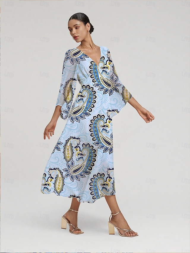  Femmes Féminin Robe Décontractée Bleu Ciel Manche 3/4 Été Printemps Toutes saisons Col en V Moderne Fluide S M L