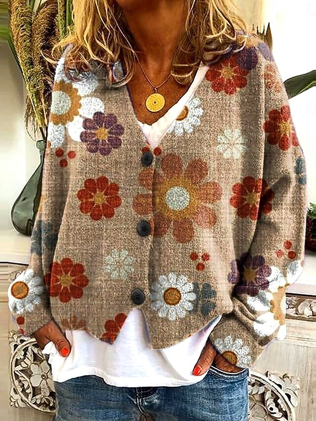 Women's Sweater Cardigan Elegant Vintage Fashion Floral Striped V Neck Pocket Floral Knitted Long Sleeve Regular Tops Knit Outdoor Daily Weekend Red Purple Fall Winter4