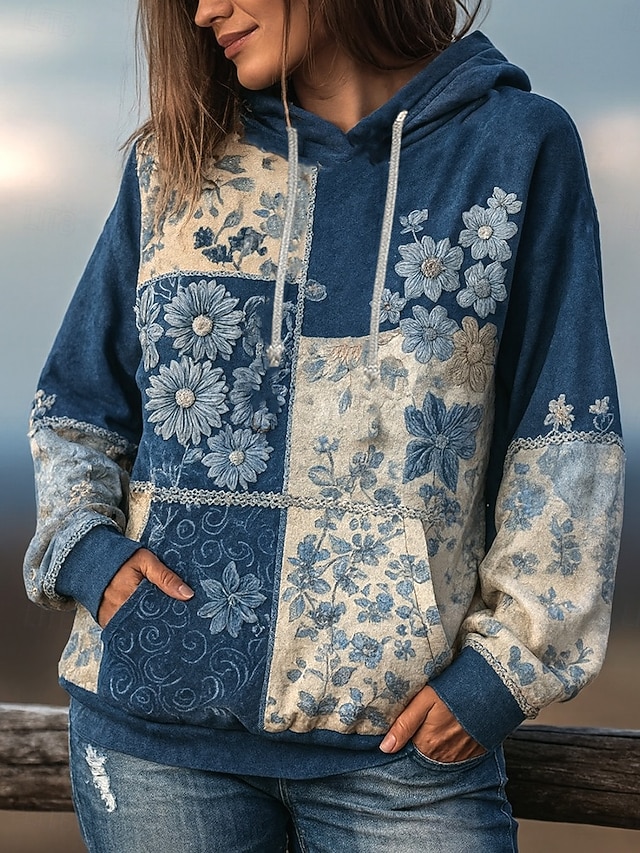  Femmes Sweat à capuche Fleuri Graphique Punk Actif ancien manche longue À capuche Hauts Réguliers Rue Tenue Quotidienne Imprimé Poche Avant Bleu Printemps Automne Hiver