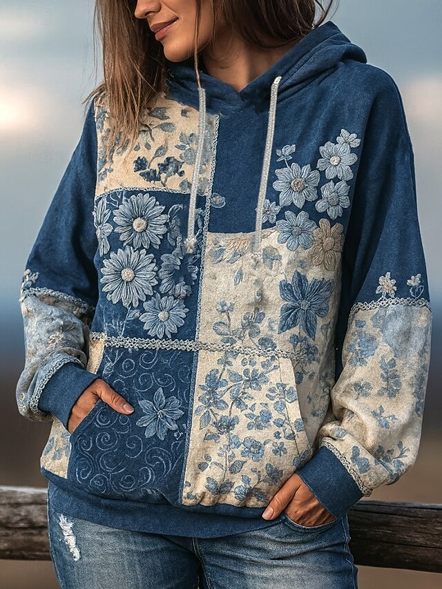 Women's Pullover Hoodie Sweatshirt Floral Graphic Punk Active Vintage Long Sleeve Hooded Regular Tops Street Dailywear Print Front Pocket Blue Spring Fall Winter2
