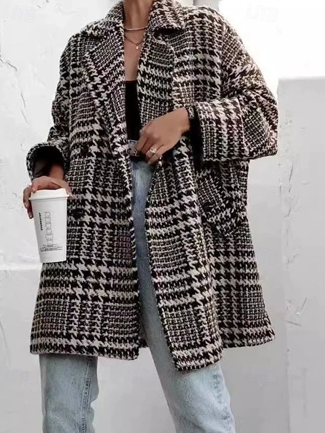  Damen Freizeitjacke Warm Bequem Tasche Knöpfe Mode Outdoor Streifen und Karo Ausgehen Wochenende Einreihig Regulär Revers Normale Passform Langarm Oberbekleidung Schwarz Aprikose Herbst Winter