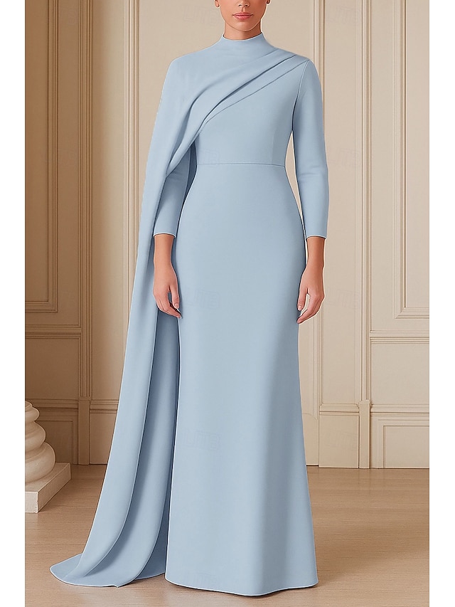  Robe de soirée fourreau/colonne, cape amovible, élégante, robe de soirée, traîne de mariage, manches 3/4, col haut, crêpe extensible avec fronces, 2025