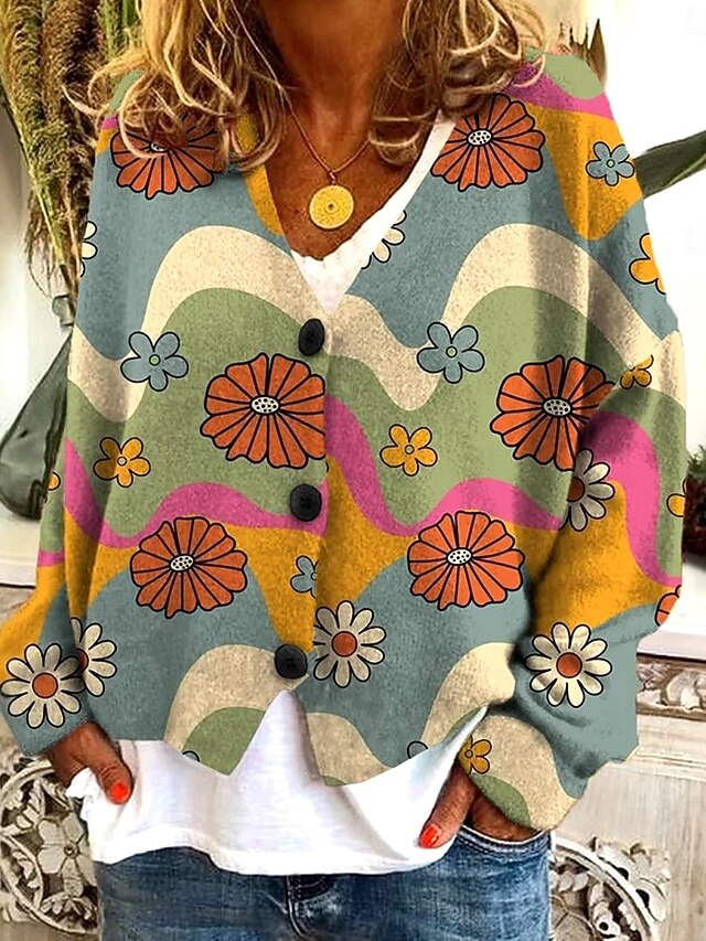 Women's Sweater Cardigan Elegant Vintage Fashion Floral V Neck Pocket Knitted Print Long Sleeve Regular Tops Knit Outdoor Daily Weekend Purple Orange Fall Winter4