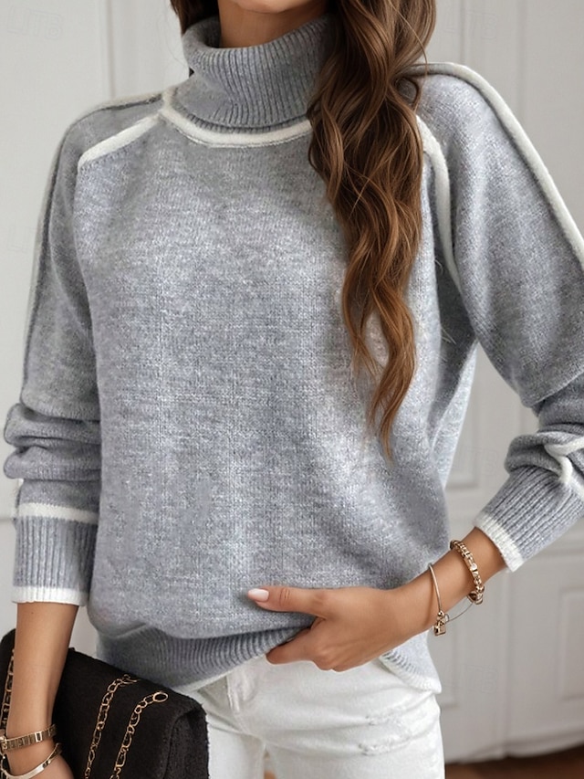  Dame Genser Gatemote Fritid Fargeblokk Rullekrage Lapper Strikket Langermet Vanlige topper Strikke utendørs Daglig Ut på byen Svart Gul Høst Vinter