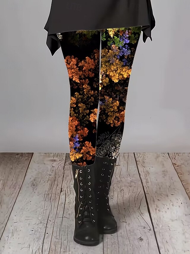 Women's Leggings Vacation Vintage Fashion Full Length High Waist Floral Graphic Printing Thermal Warm Soft Breathable Stretchy Formal Outdoor Vacation Orange Spring Fall Slim Fit4